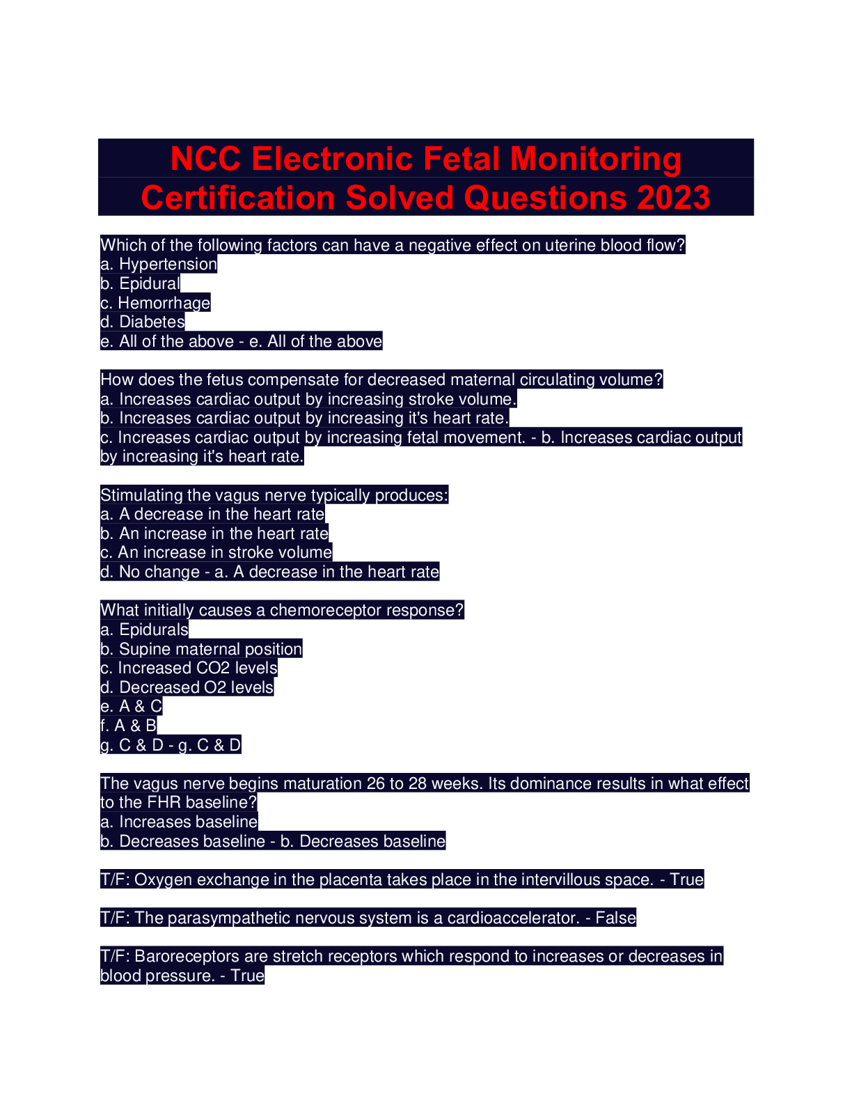 Preview image for NCC Electronic Fetal Monitoring Certification Solved Questions 2023